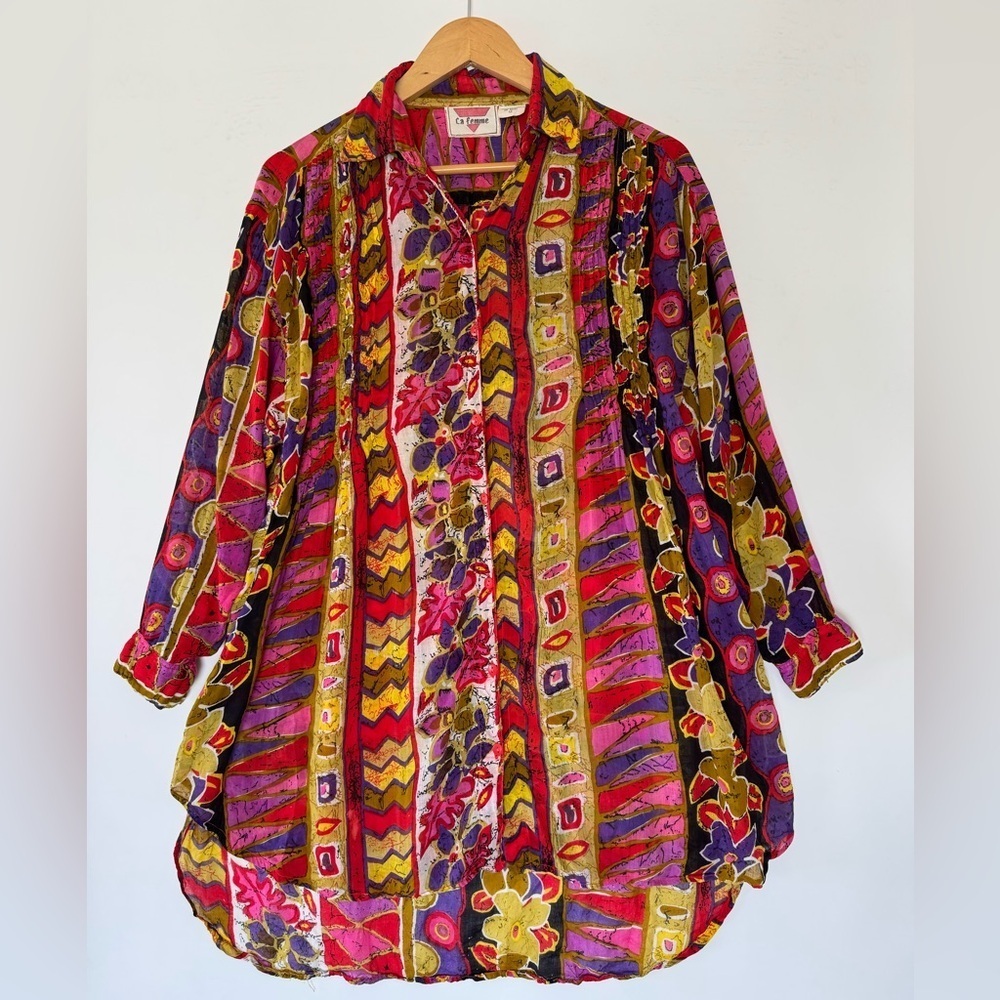 Vintage 90s La Femme India Cotton Gauze Floral Abstract Oversized Button Shirt M - Picture 4 of 11